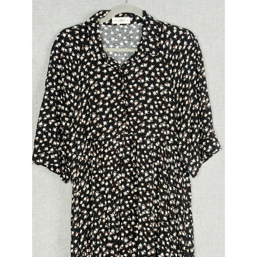 Natural Life Dress Womens Large Black Floral Maxi Tiered Pockets Boho Prairie
